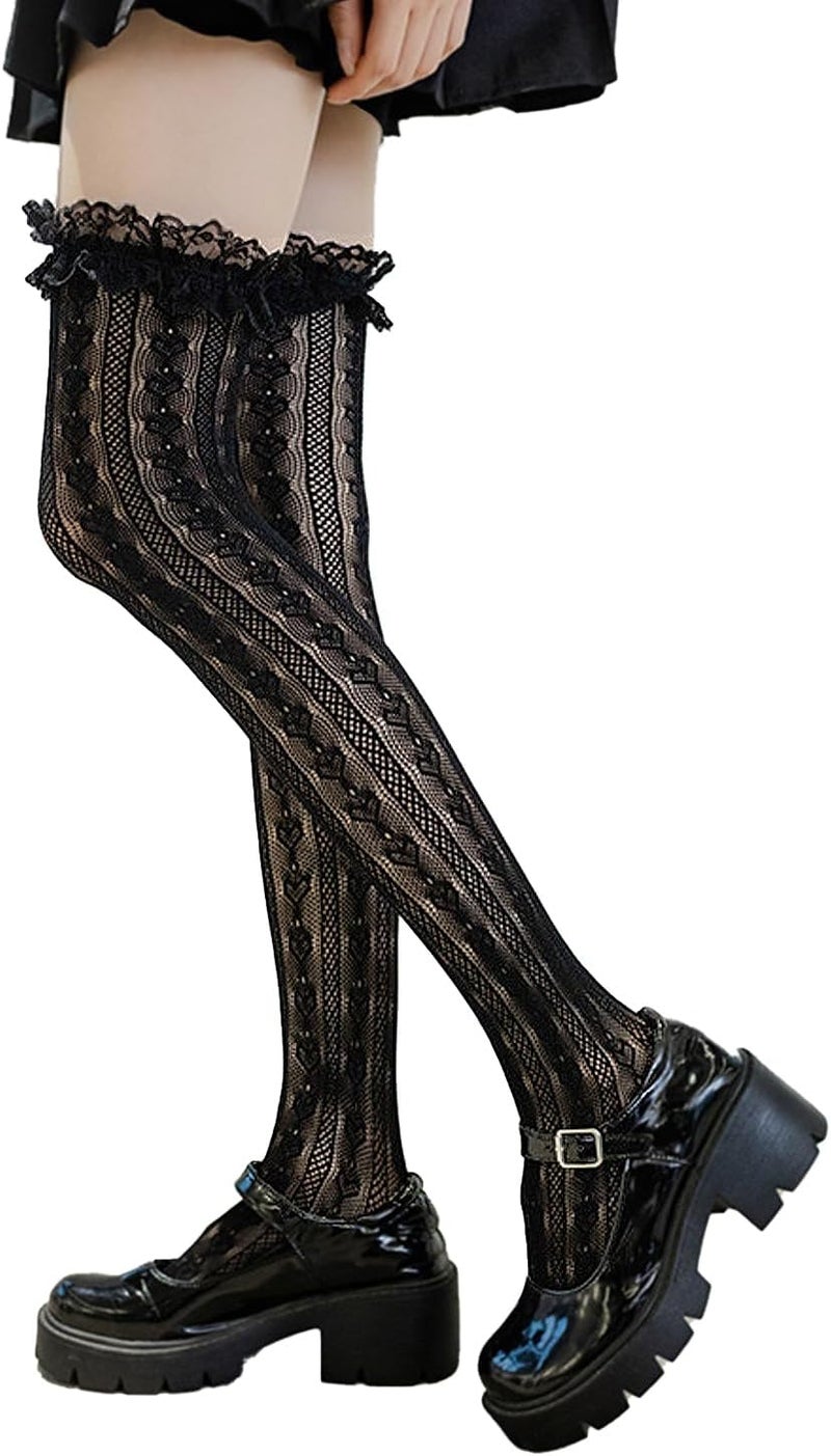 Ninejuize Thigh High Stockings with Bow, Santa Accessory Y2K Fishnet Socks with Lace Brim Lingerie Tights for Women - Image 3